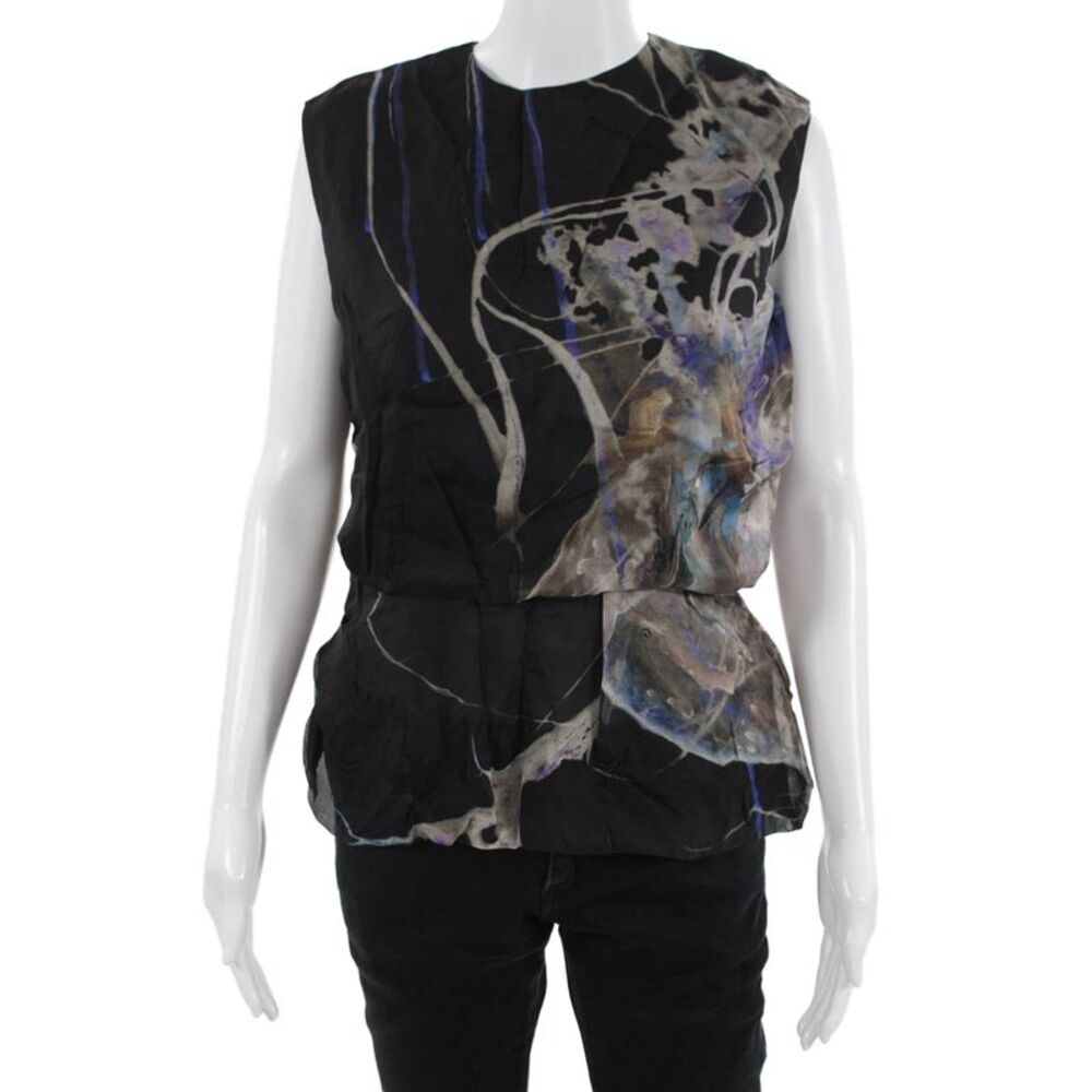 Emilio de la Morena Women Sleeveless Black Silk Graphic Crewneck Blouse Size 14